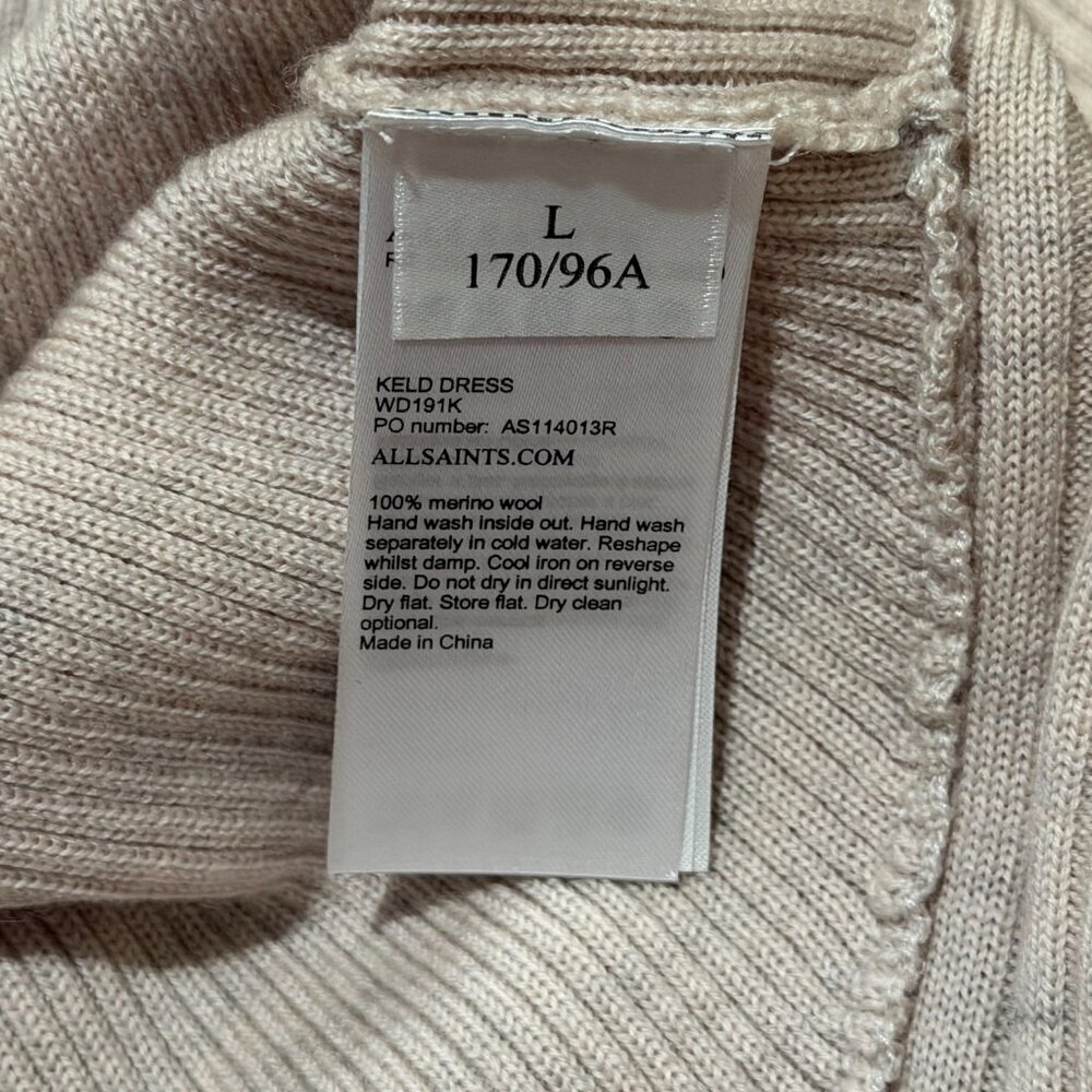 AllSaints Keld Ribbed Merino Wool Asymmetrical Sweater Dress Cream L - Picture 7 of 12